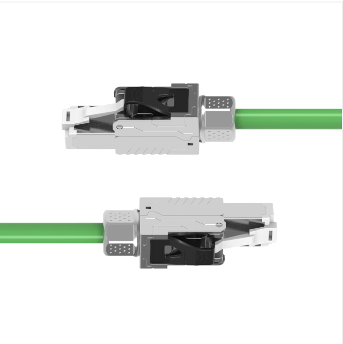 Green industrial CAT6A Ethernet cable with reinforced RJ45 male connectors