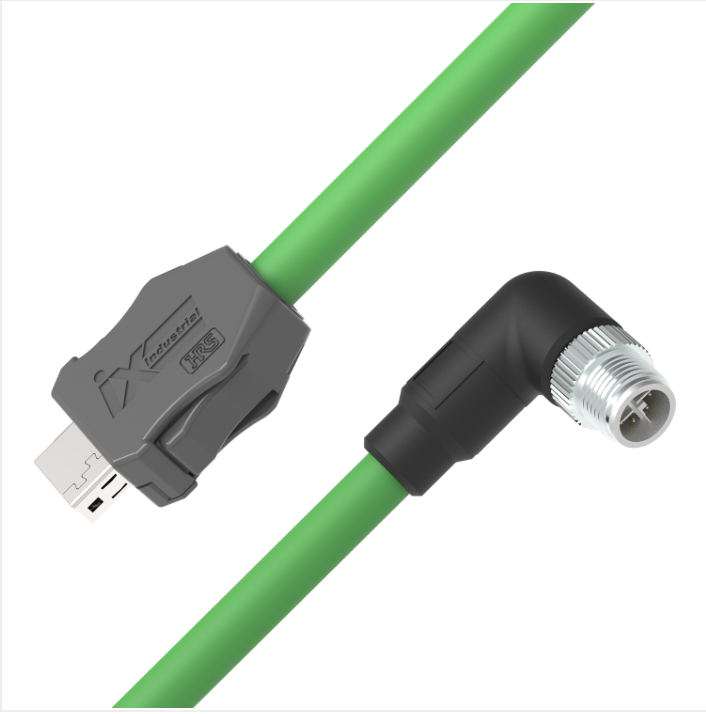Green ix Industrial CAT6A Ethernet cable with IX A-Key to M12 X-Code male 90 degree angled connector