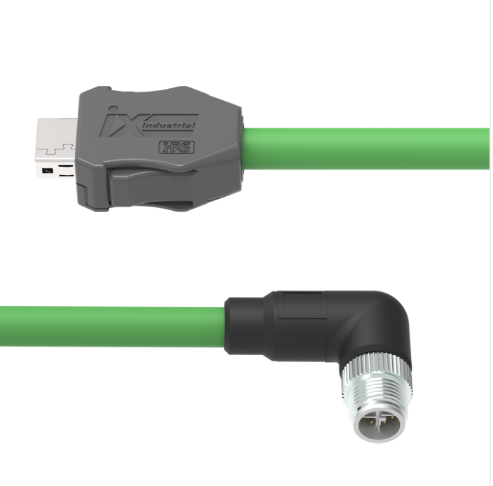 Green ix Industrial CAT6A Ethernet cable with IX A-Key to M12 X-Code male 90 degree angled connector