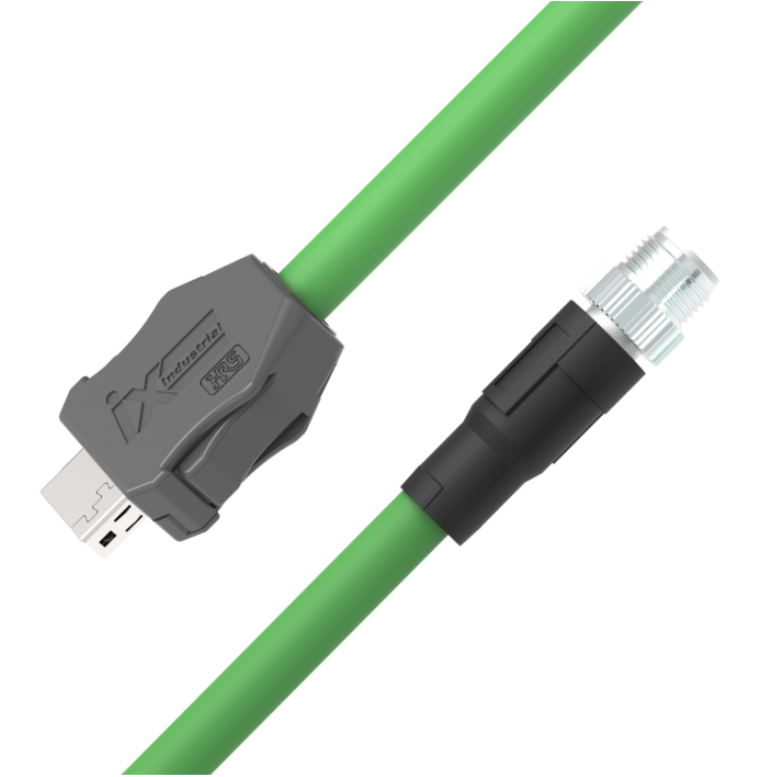 Green ix Industrial CAT6A Ethernet cable with IX A-Key to M12 X-Code male straight connector