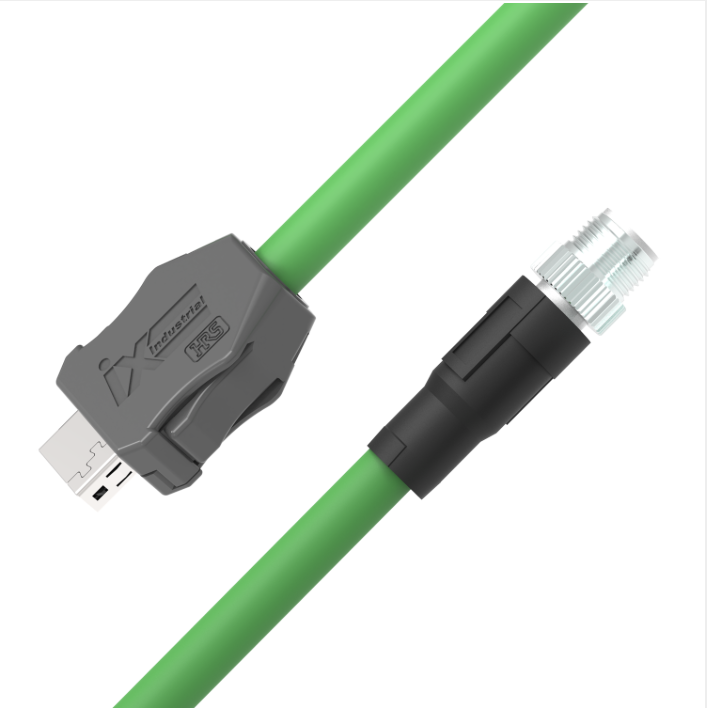 Green ix Industrial CAT6A Ethernet cable with IX B-Key to M12 X-Code male straight connector
