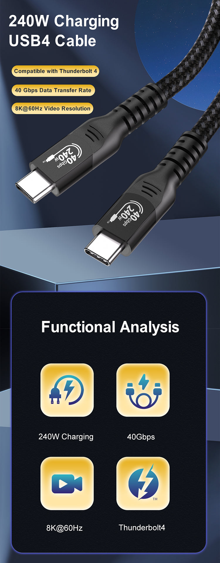 USB C High Speed Transmission USB4 Cable EPR 240W 40Gbps 8K 60Hz