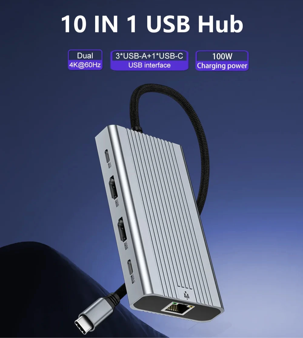 10-in-1 USB hub with features listed on a blue background