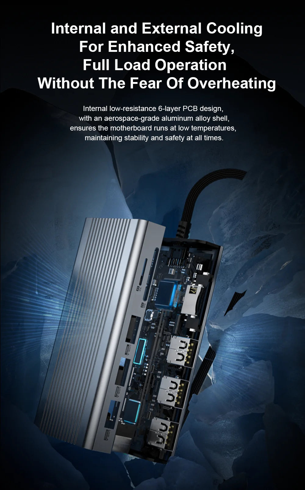 Computer motherboard with cooling system on a dark background