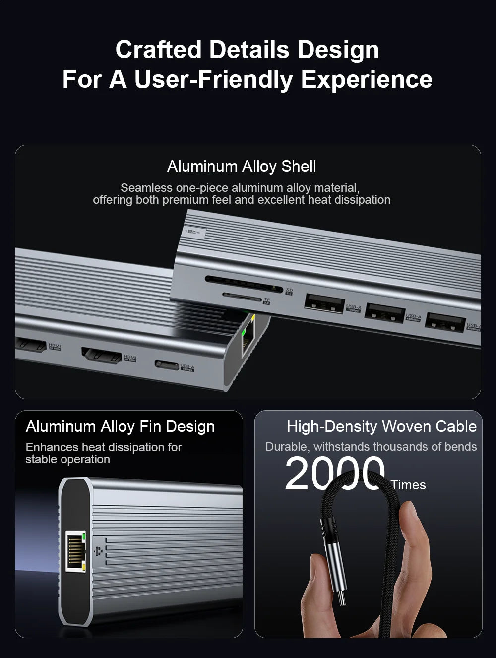 Product with aluminum alloy shell, fin design, and high-density woven cable on a black background.