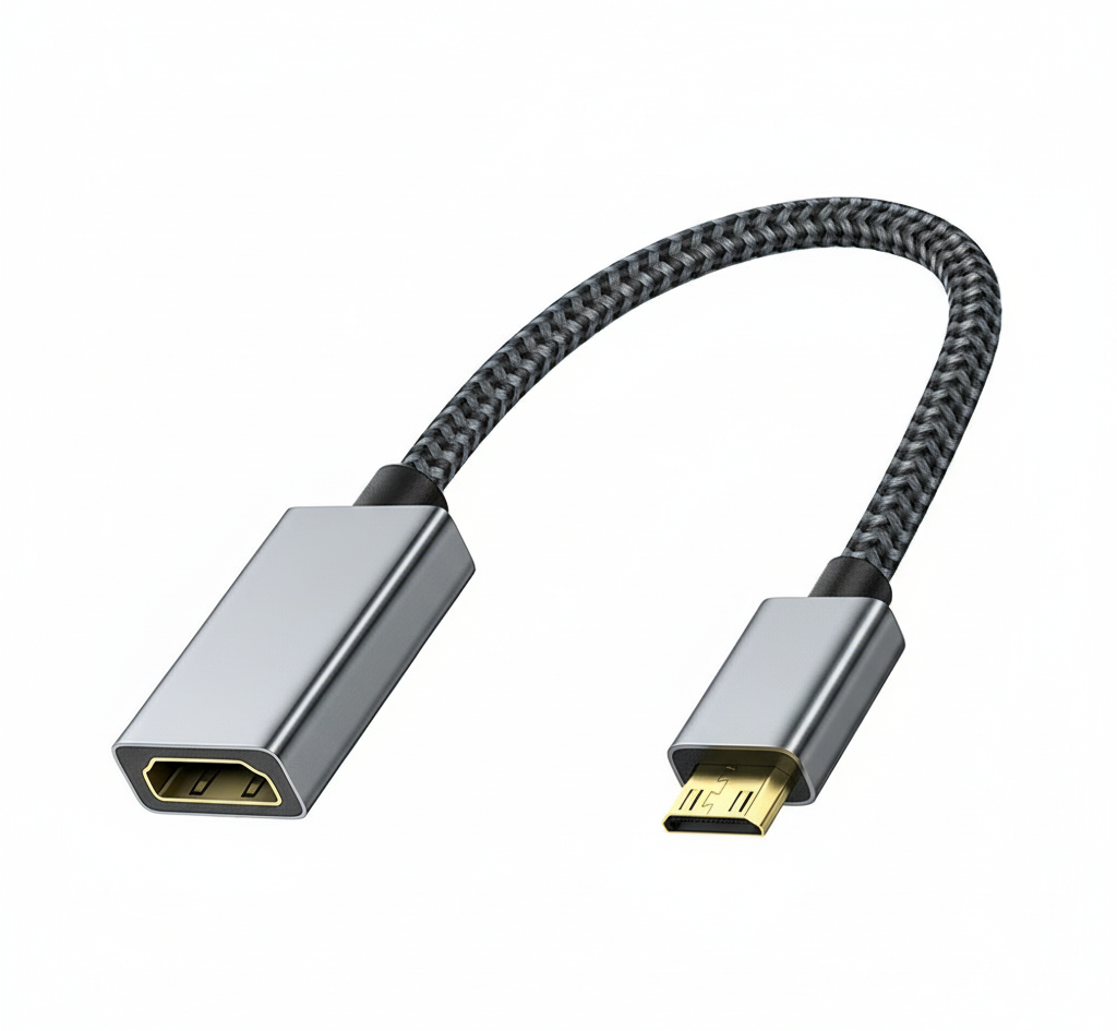 Mini HDMI to HDMI cable with 4K plug and play feature on a white background
