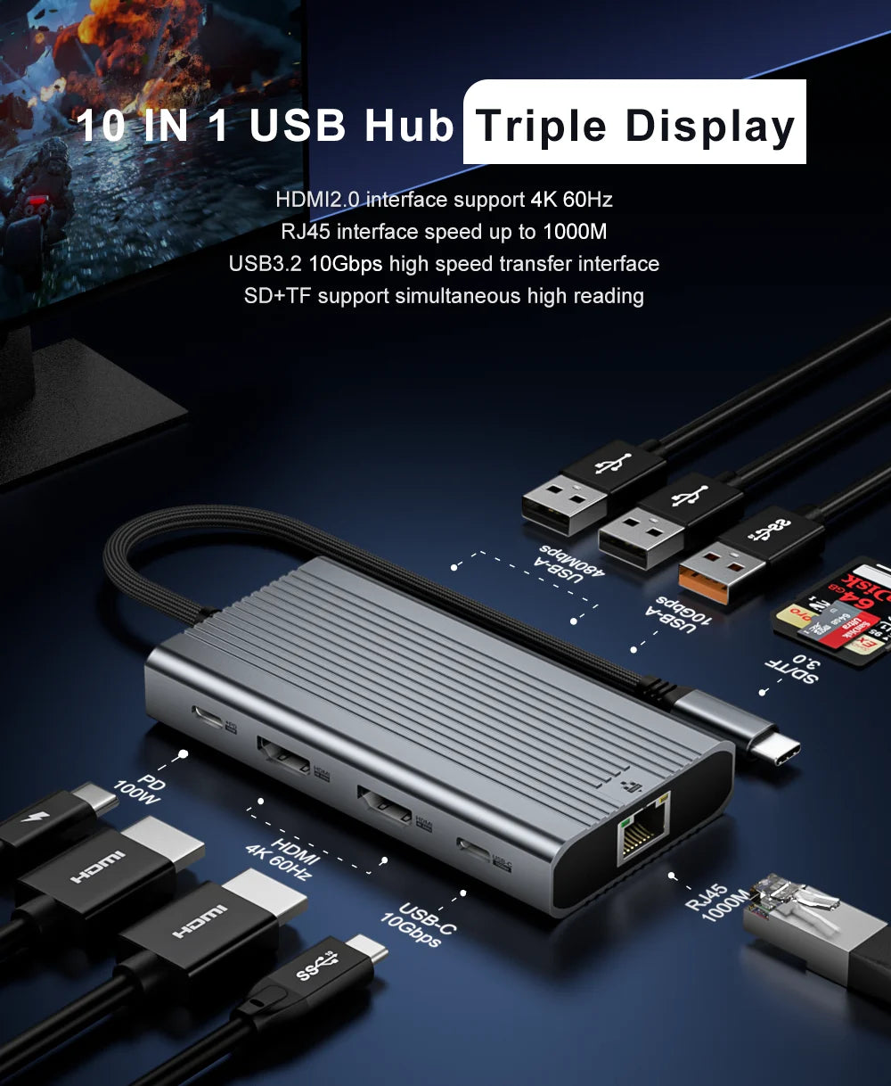 USB-C 10 in 1 Laptop Docking Station – 2x HDMI 4K 60Hz, Multi-Port Hub with 10Gbps Data Transfer