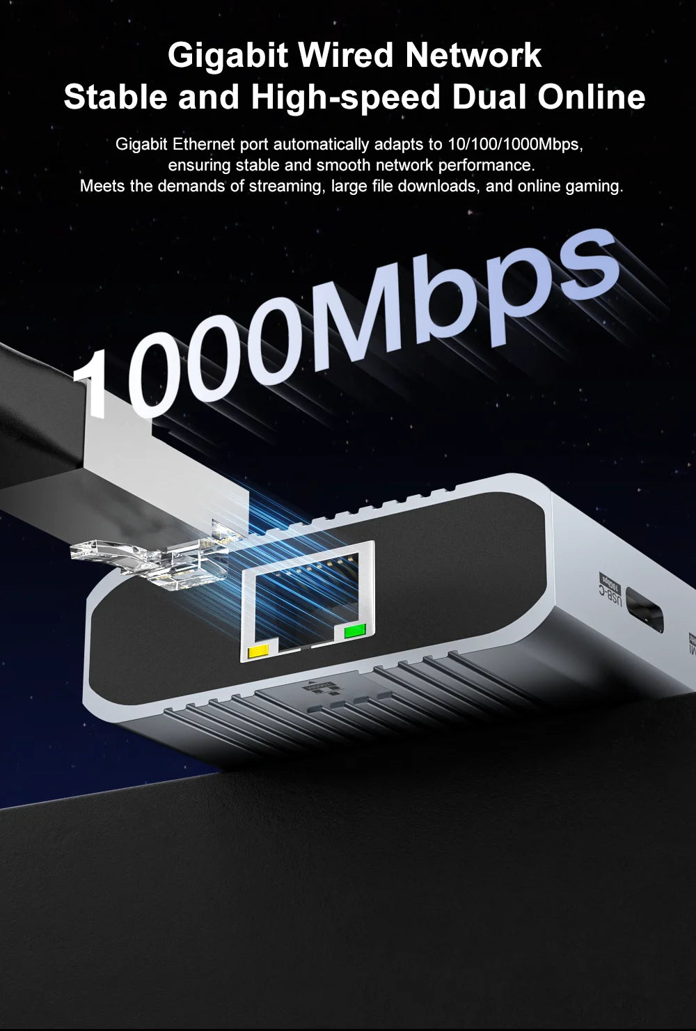 Network adapter with Gigabit Ethernet port on a dark background, highlighting high-speed connectivity.