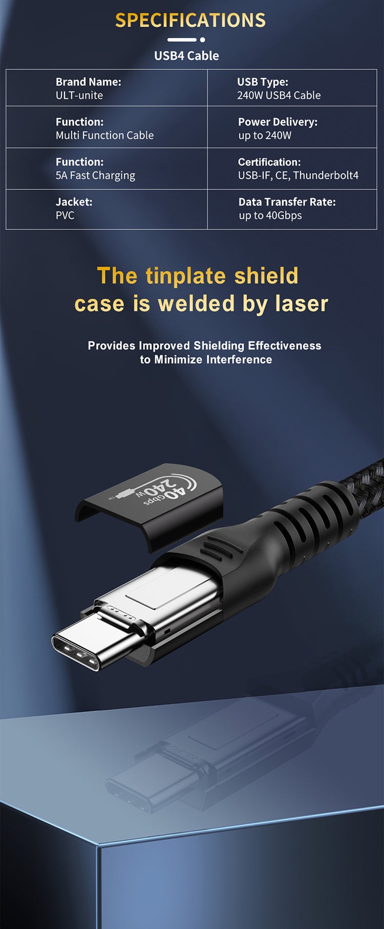 USB C High Speed Transmission USB4 Cable EPR 240W 40Gbps 8K 60Hz