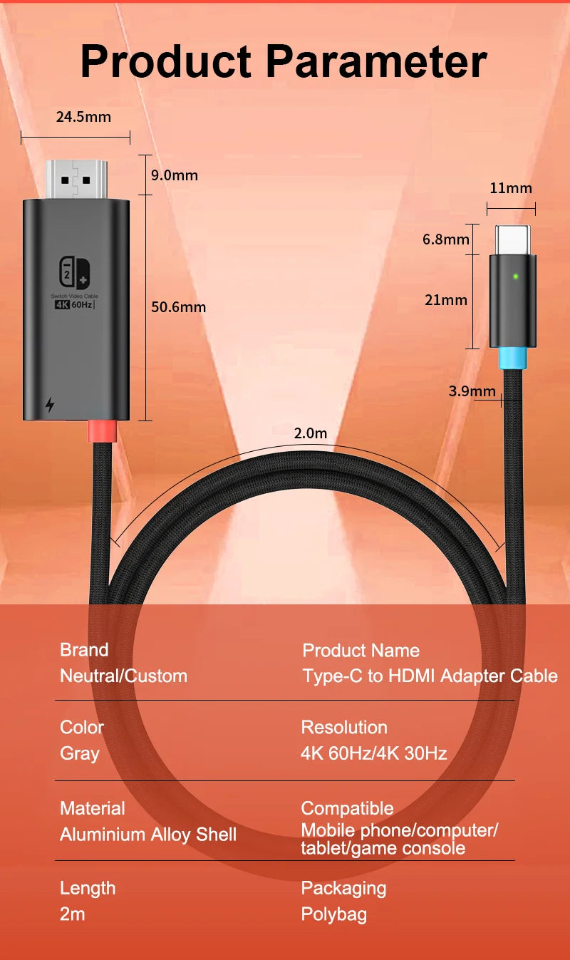 Product parameter details of a Type-C to HDMI adapter cable on an orange background
