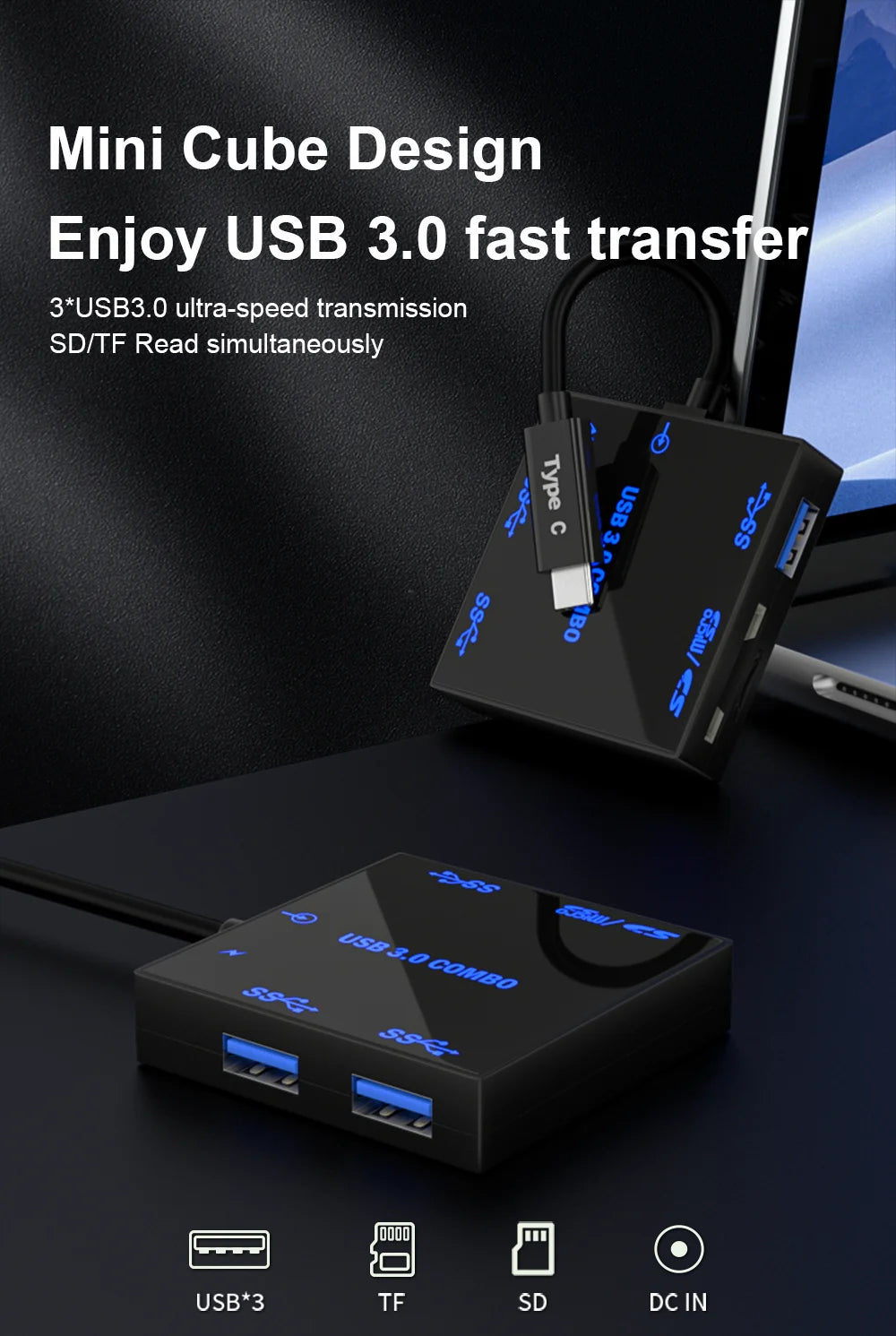 Black USB hub with multiple ports on a dark surface, featuring text about USB 3.0 fast transfer.