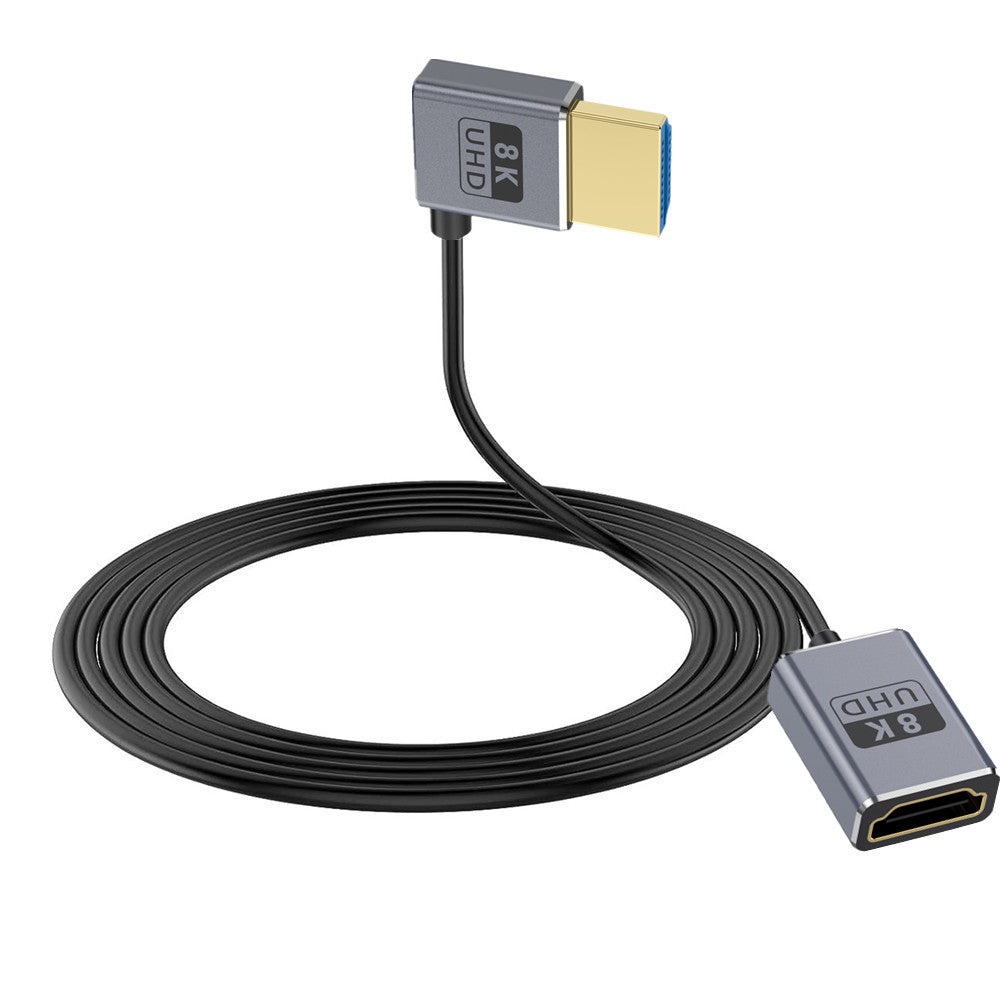 An HDMI 2.1 coaxial extension cable with a right angle connector, featuring a black cable with a gray and blue HDMI connector on one end and a coaxial connector on the other.