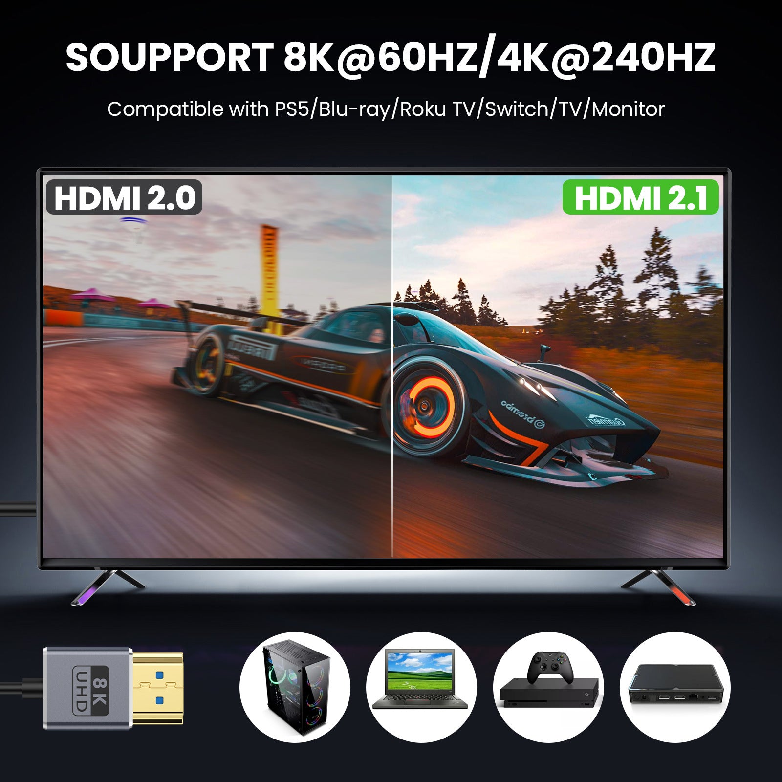 Ultra Thin HDMI 2.1 Coaxial Cable, High Speed 48Gbps 8K@60Hz Male to Male Flexible Cord