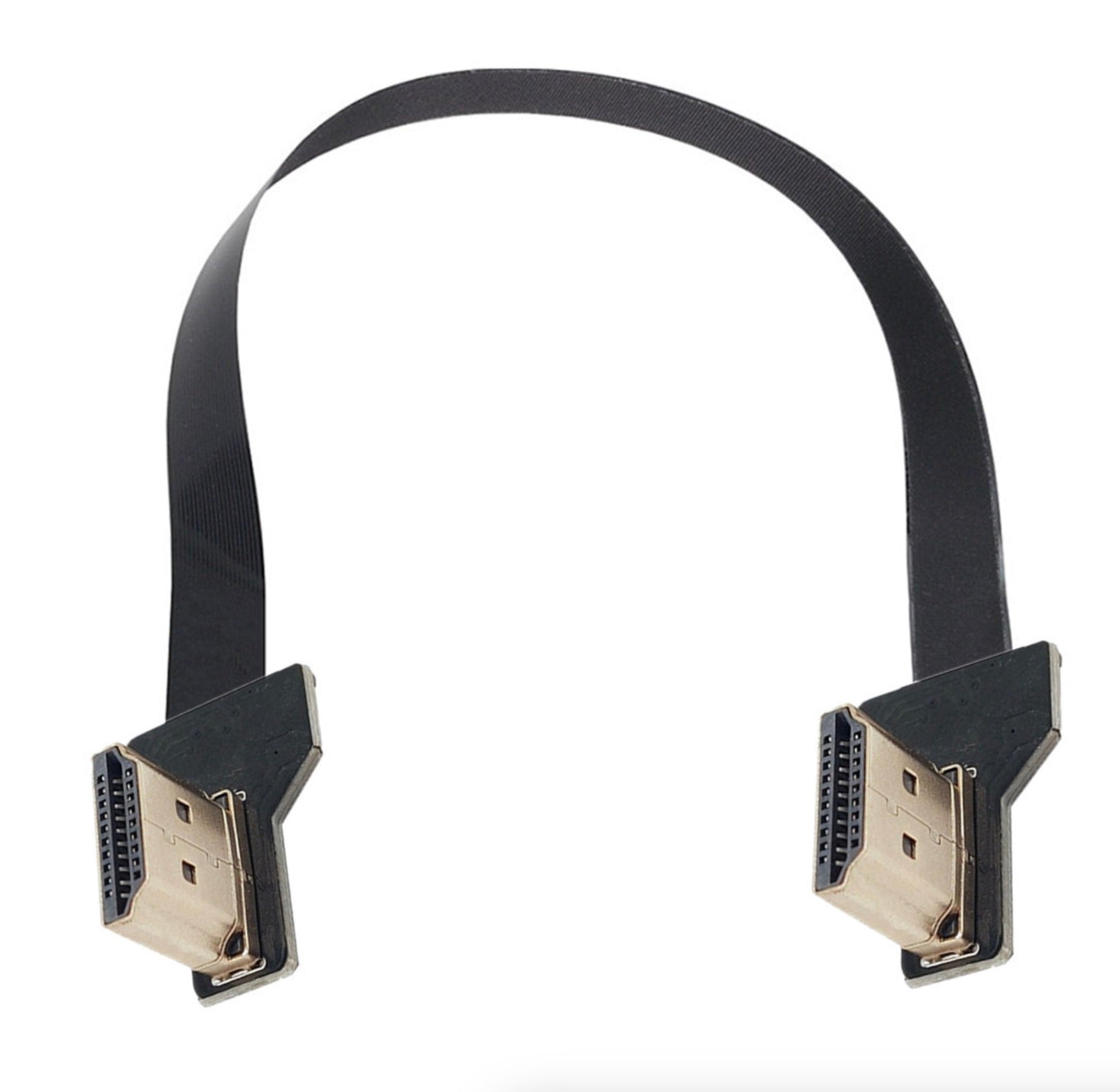 A black HDMI FPV cable with a standard HDMI male interface on both ends, angled to show connectors, with gold plating on the pins.