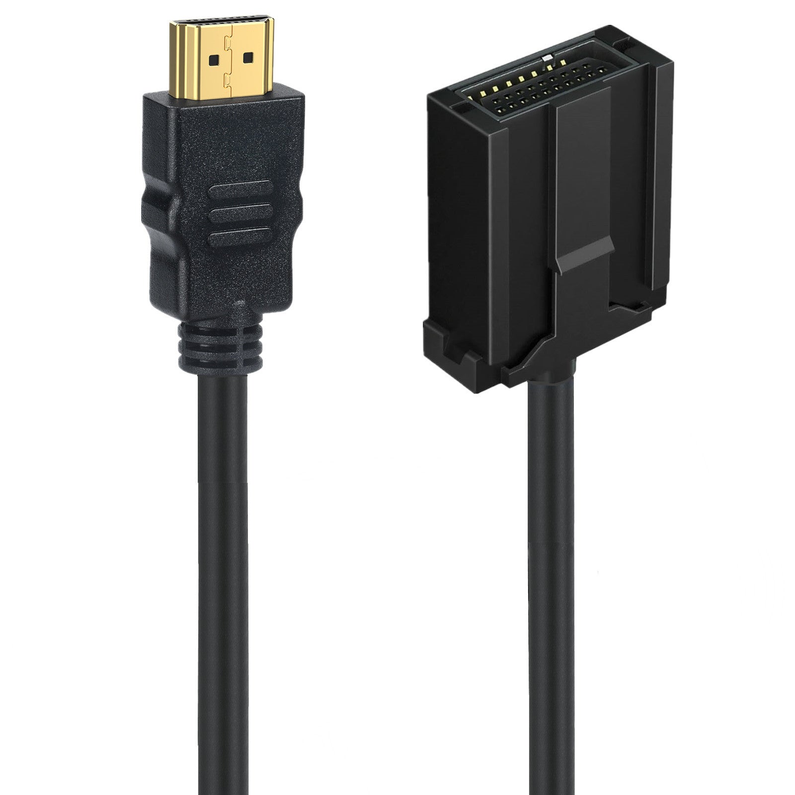 An HDMI E Type to HDMI A Type cable, black in color, with a male HDMI Type A connector on one end and a female HDMI Type E connector on the other end.