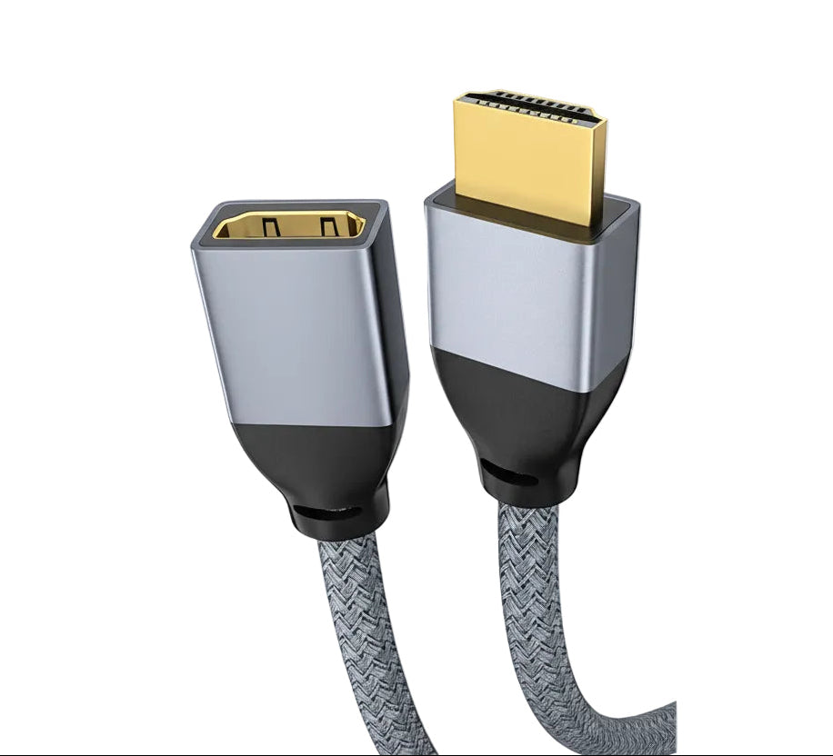 HDMI extension cable with metallic connectors on a white background