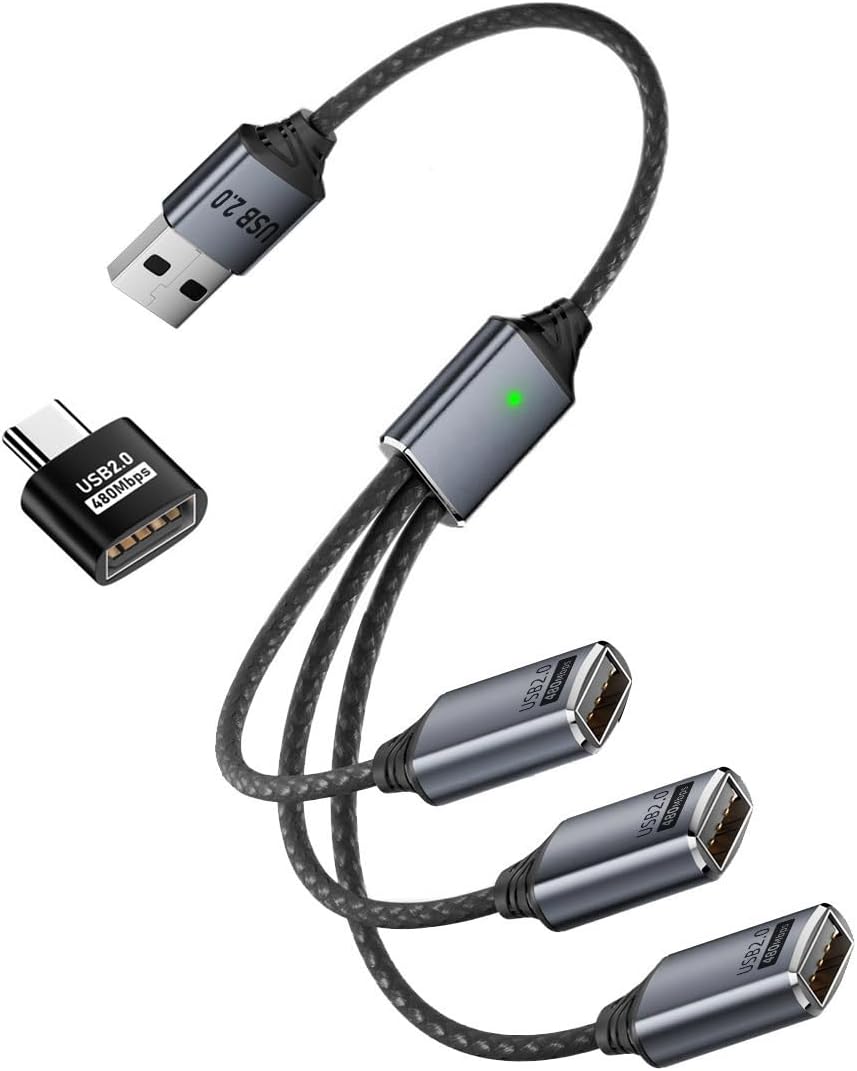 USB 2.0 Type-A 3 Port Hub Cable | 1-to-3 Data Splitter for Laptop, Phone, Mouse, Keyboard, Printer