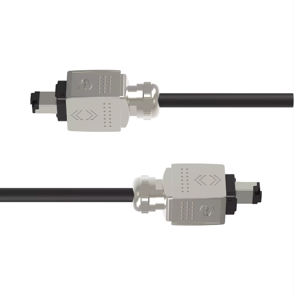 Two black cables with metallic connectors on a white background