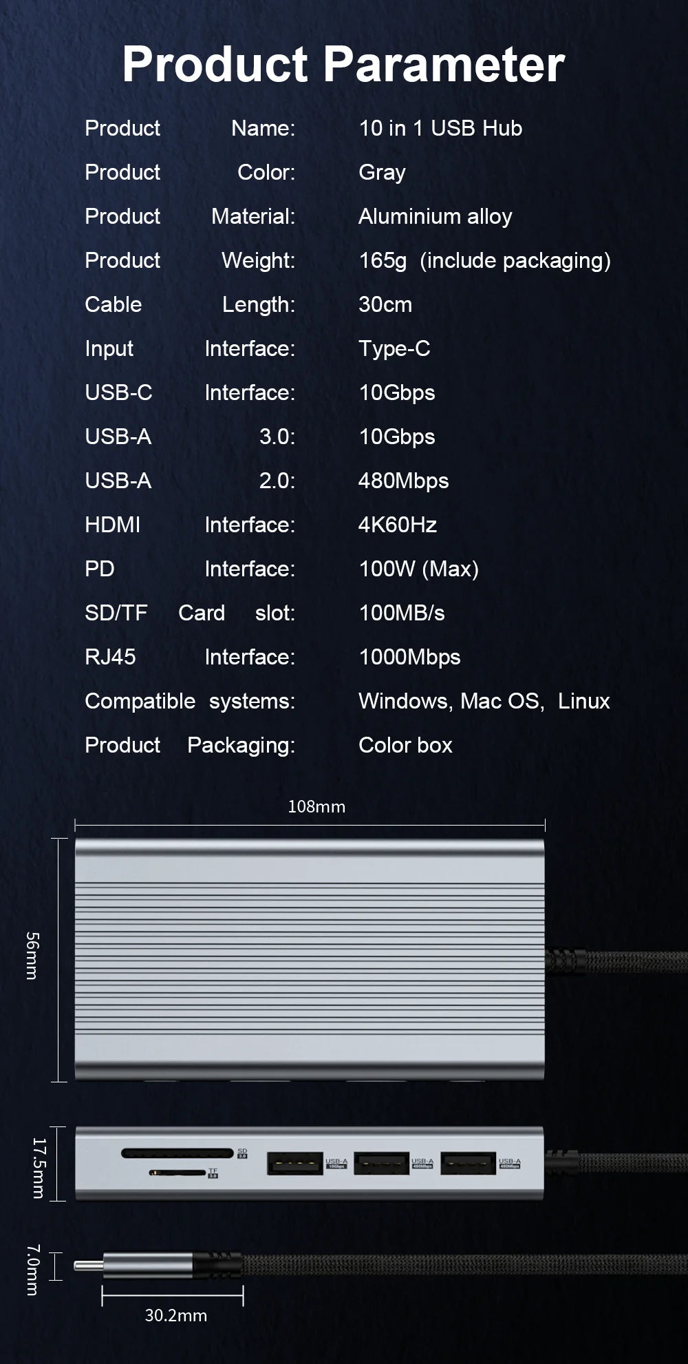 Product parameter details of a 10-in-1 USB hub on a dark background
