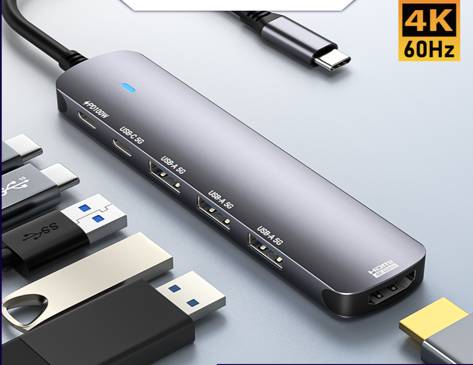 6-in-1 USB-C Hub with HDMI 4K 60Hz, USB Type-C Multiport Adapter
