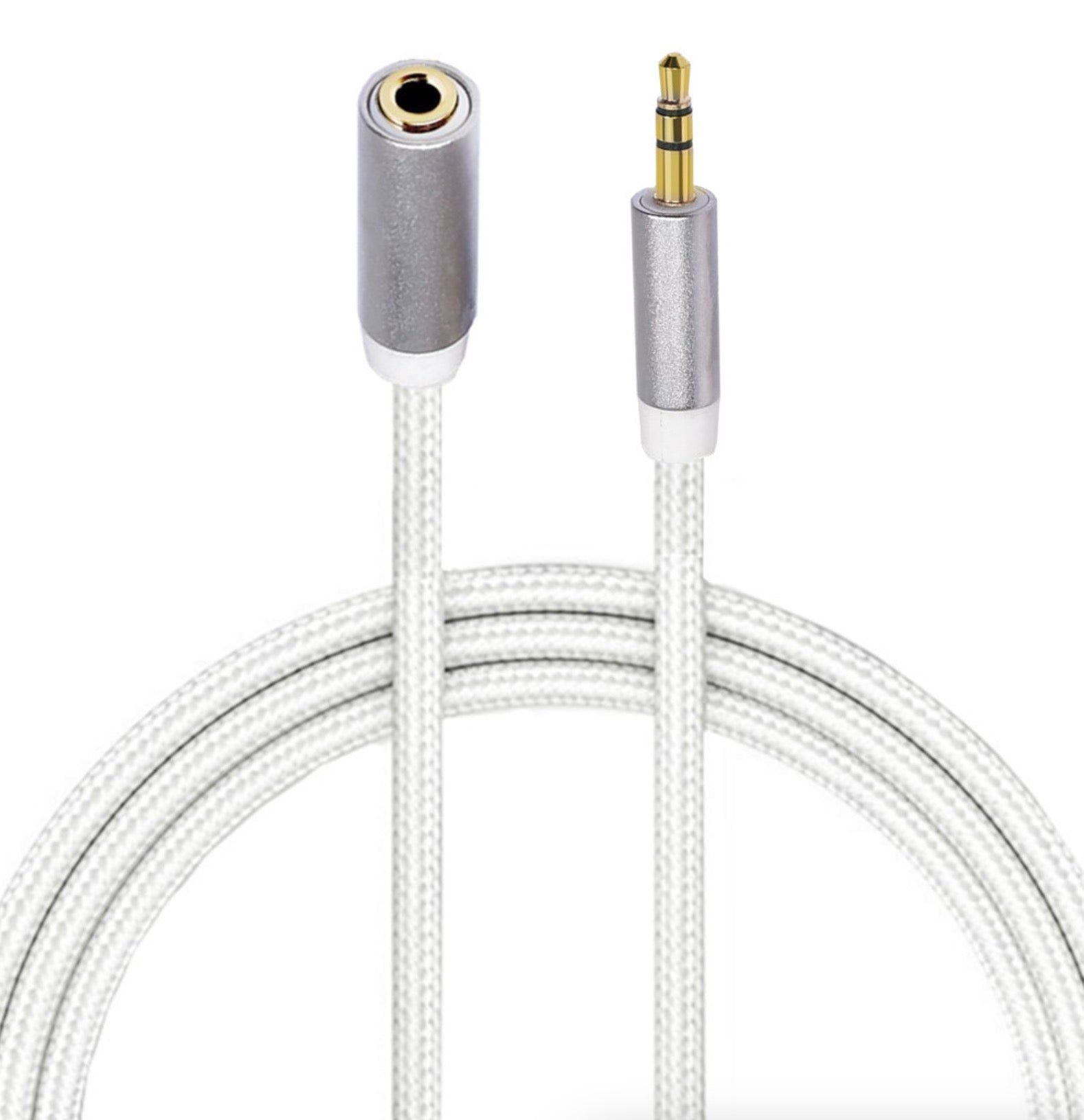 A white 3.5mm headphone audio extension cable with 3.5mm 3 pole male to female connectors on both ends.
