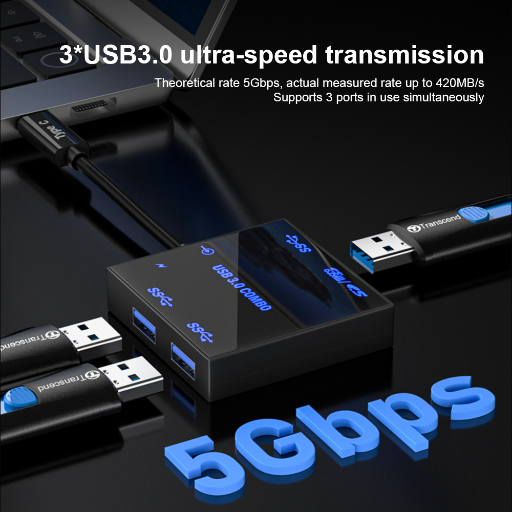 USB 3.0 Hub Docking Station – Portable Luminous Type-C Adapter with 5Gbps Transfer, USB-A, SD/TF & DC-IN Ports