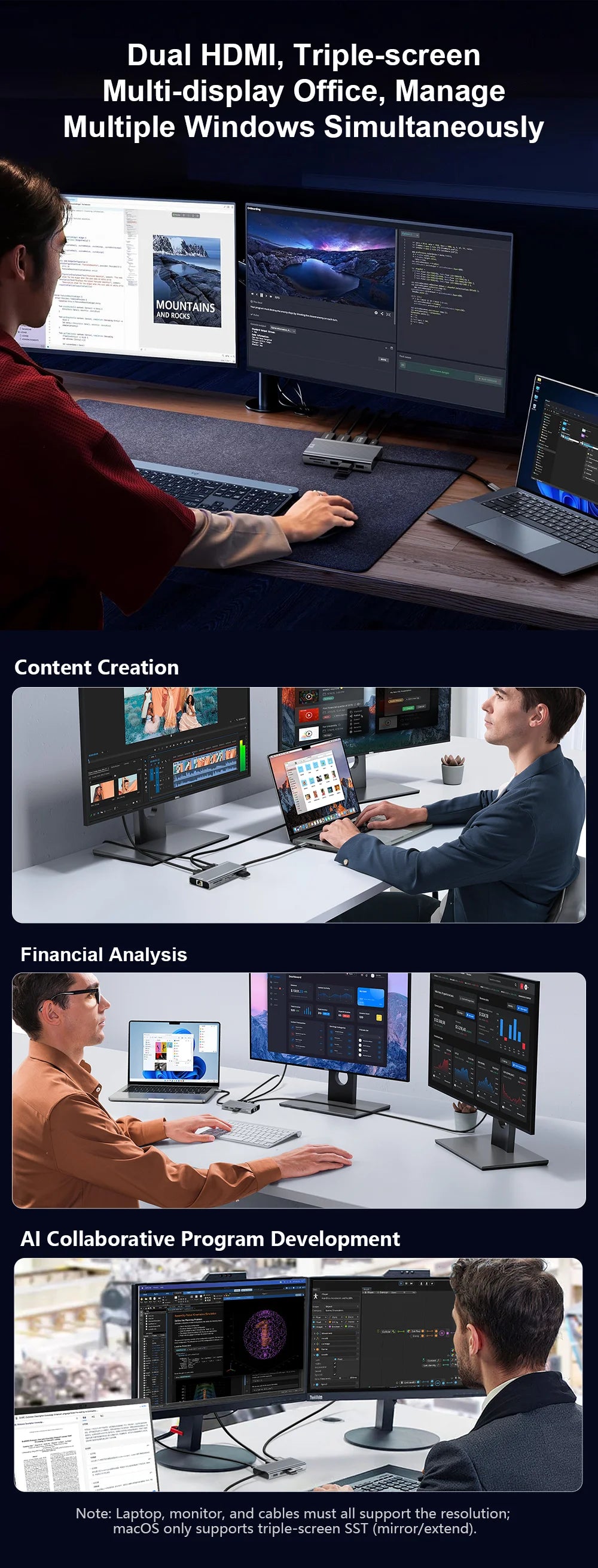 Person working at a desk with multiple computer monitors, emphasizing dual HDMI, triple-screen capabilities.