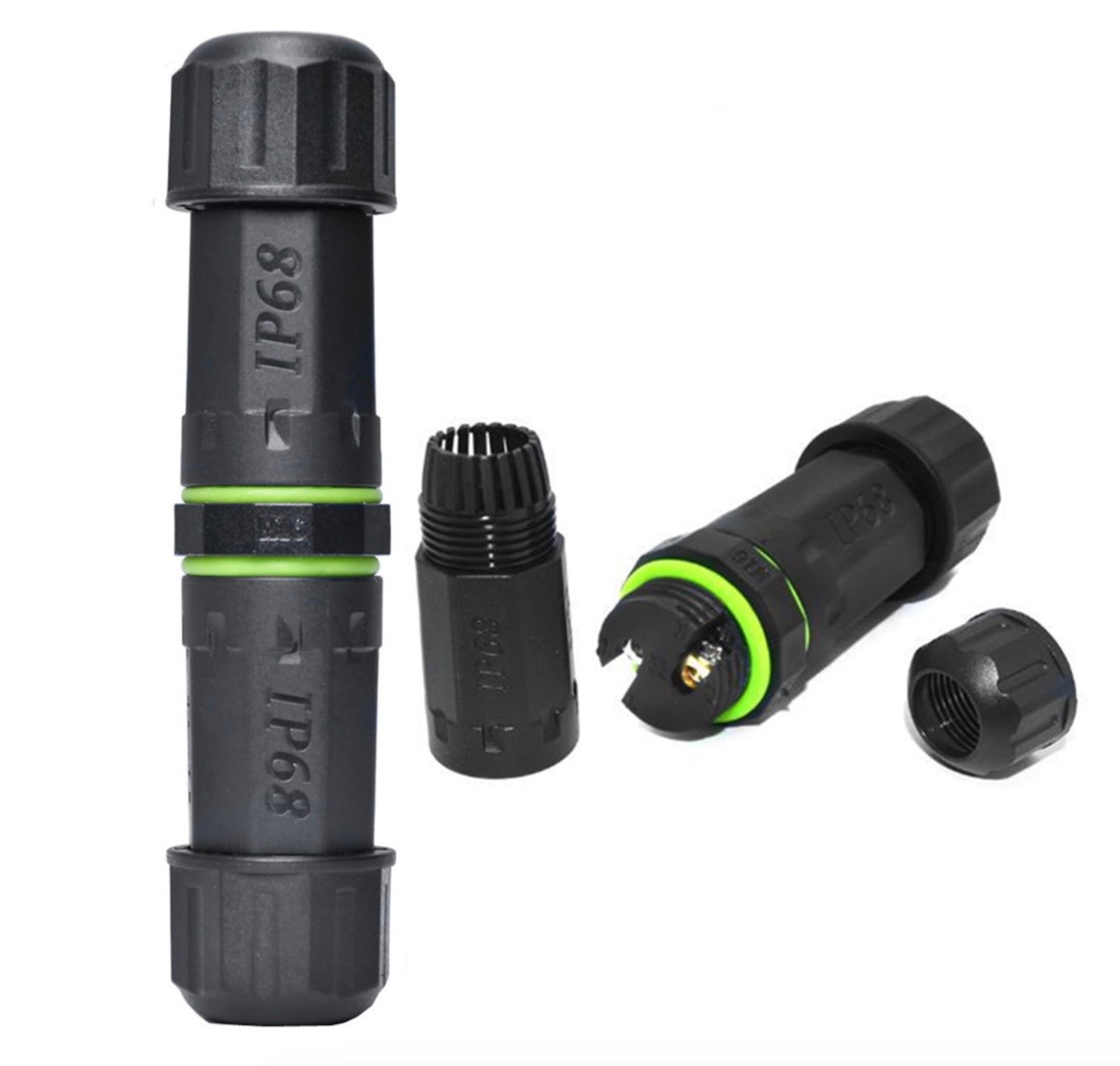 IP68 M16 2Pin Waterproof Junction Box with black ABS plastic casing and green detailing, including a silicone sealing ring and a nylon elastic wiring port.