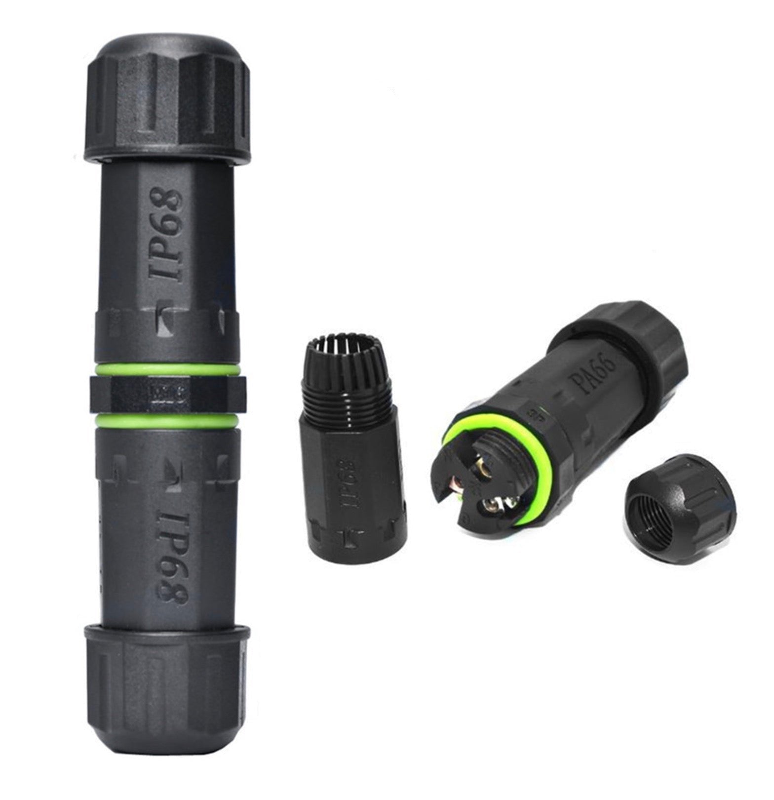 IP68 waterproof junction box with a 3-pin outdoor cable, black and green in color, designed for outdoor electrical connections.
