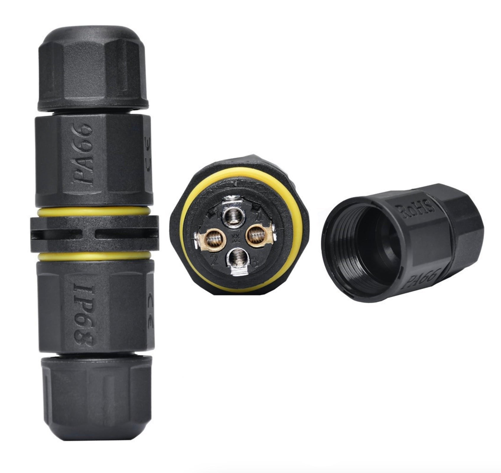 An IP68 4 pole junction box connector with a 2-way M20 plug, black with yellow rubber grommets, designed for outdoor and indoor use.