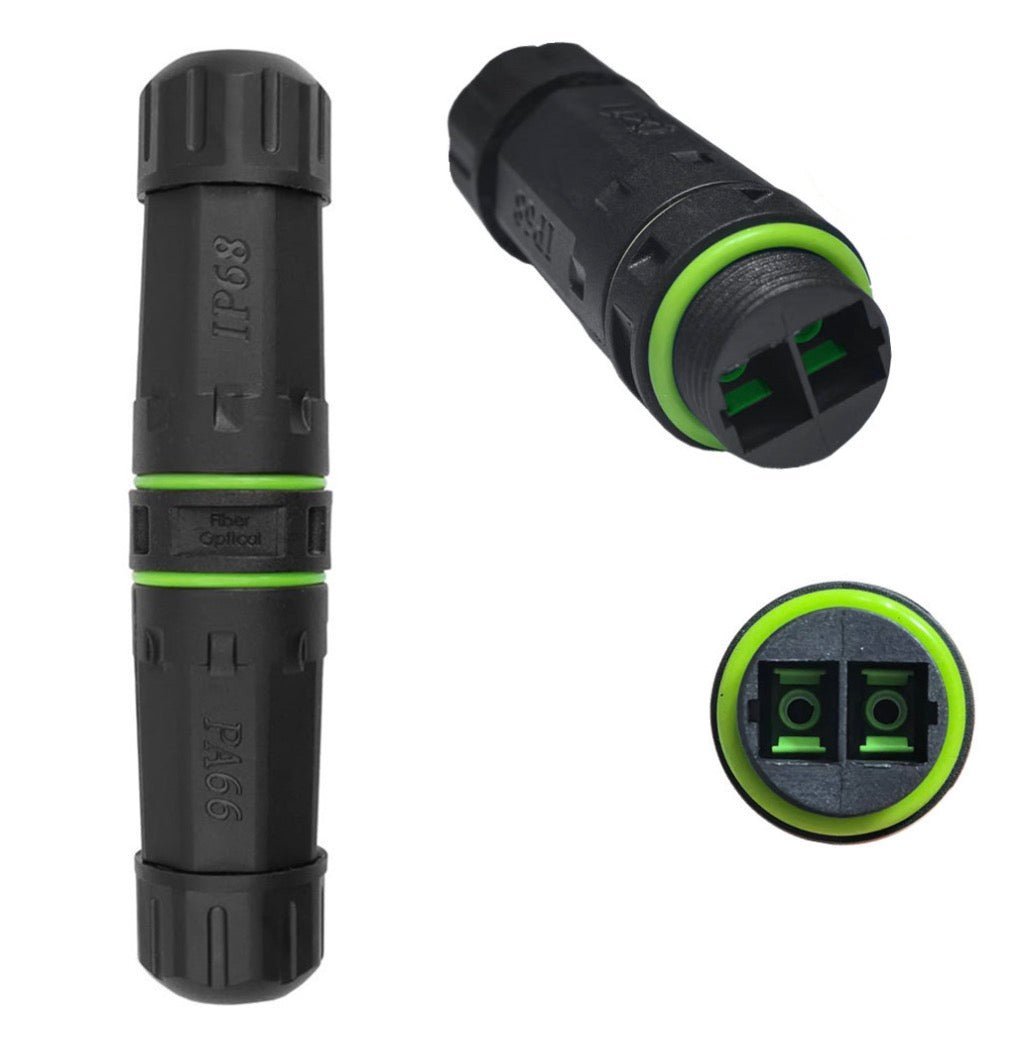 An IP68 waterproof fibre optical coupler with a black body and green accents. It is designed to combine two separate cables and is shown with an illustration of a female to female connection on one end.