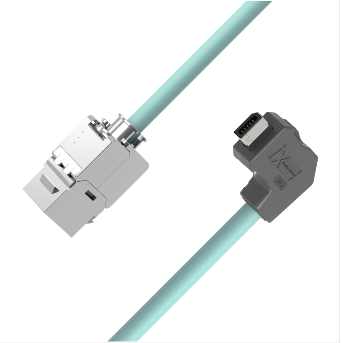 Two connectors with a light blue cable on a white background