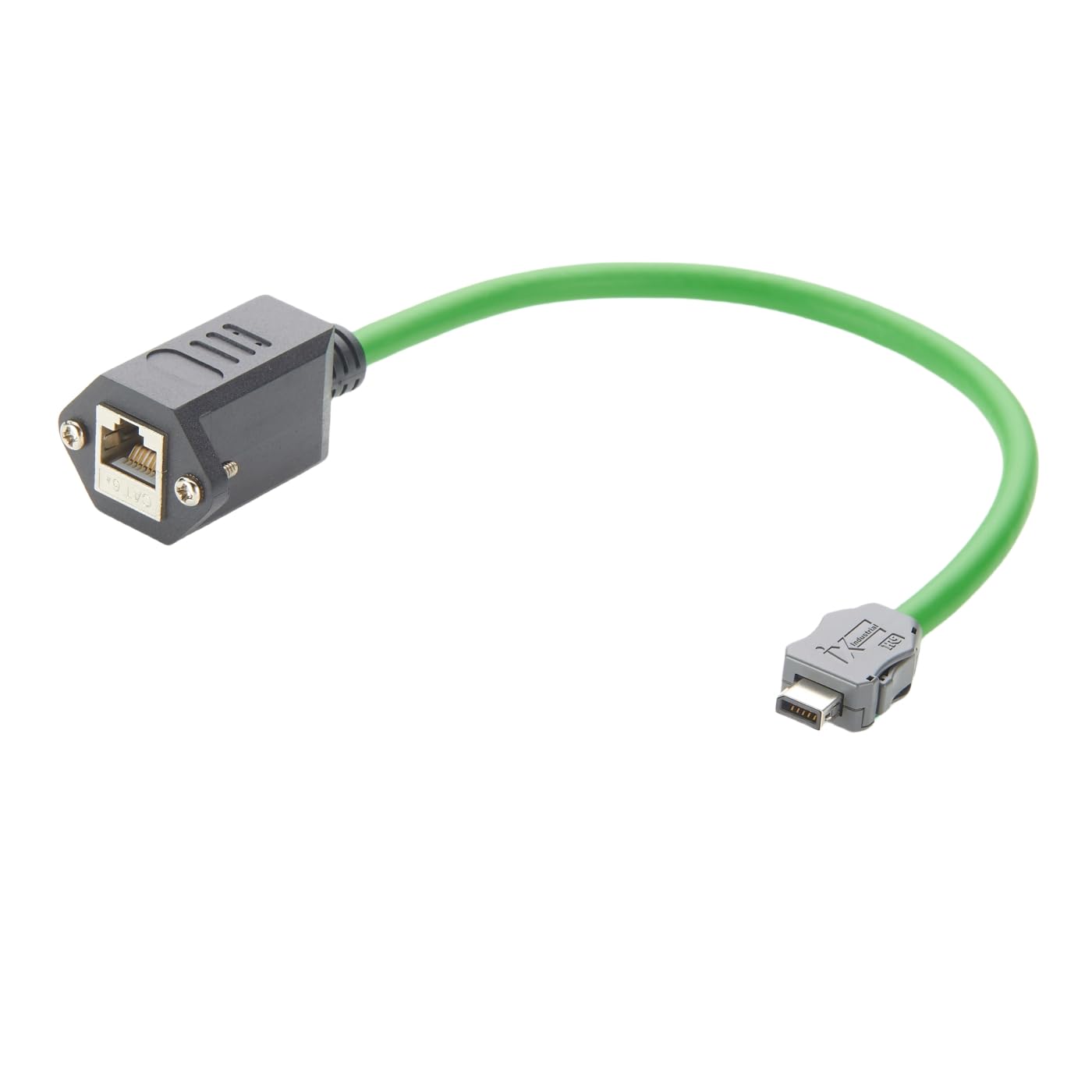 Green cable with a gray connector on a white background