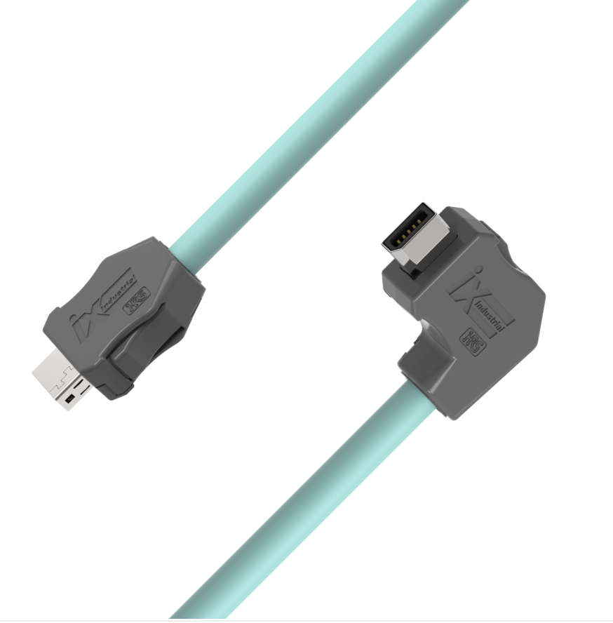 IX industrial CAT6A Ethernet cable down angled teal