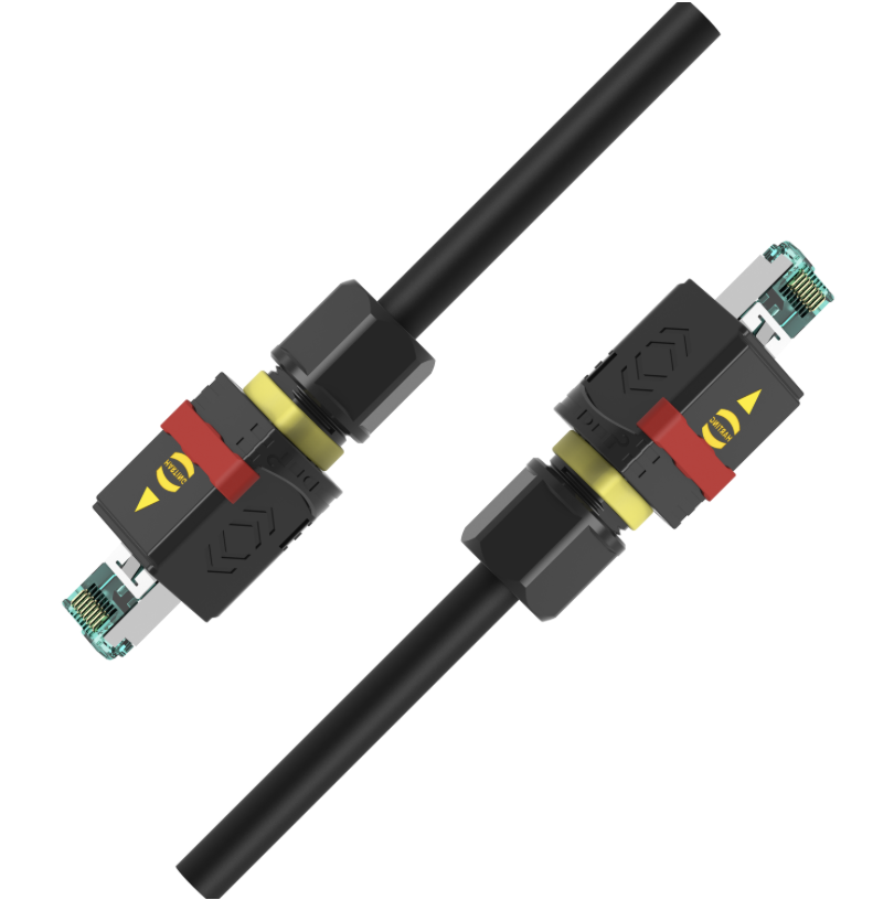 Two black connectors with red and yellow accents on a white background