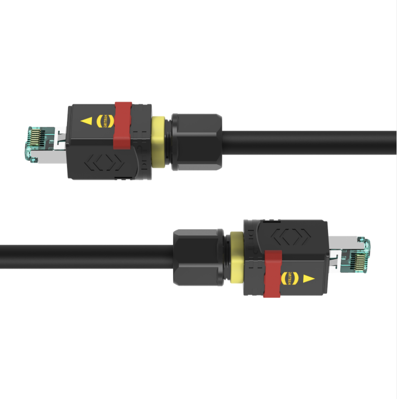 Black cable with connectors on a white background