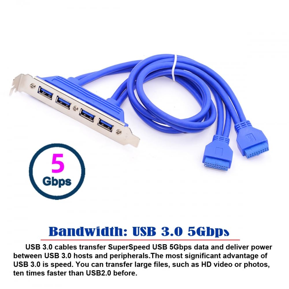 Internal USB 3.0 4-Port Female Panel Mount Cable to 20-Pin Motherboard Header with PCI Bracket