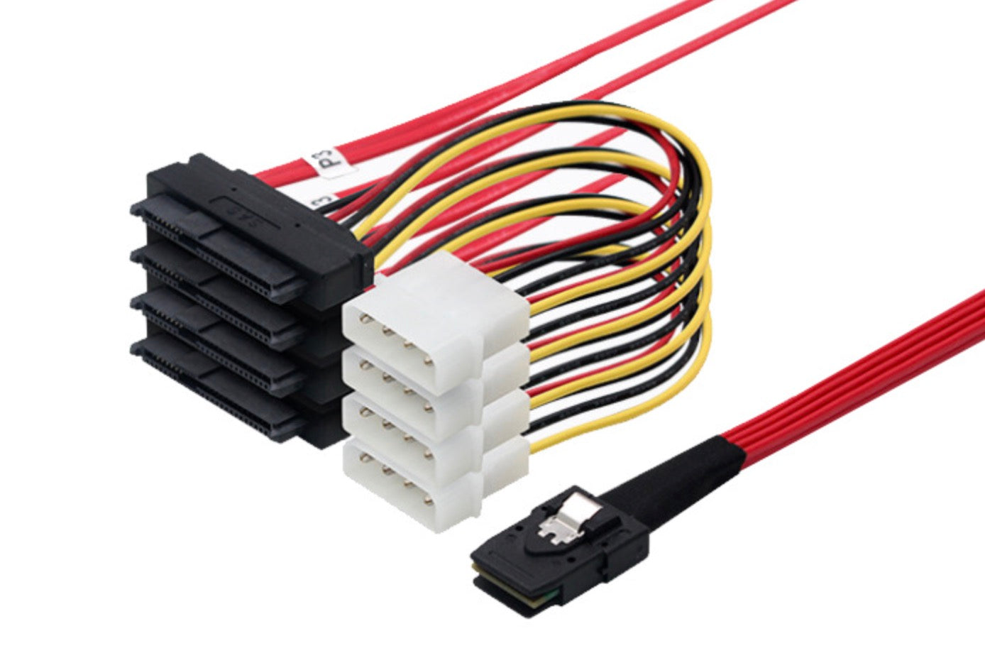An Internal Mini SAS 36-Pin SFF-8087 to 4x SAS 29-Pin SFF-8482 Cable With 4Pin Power Breakout Cable, featuring multiple connectors and cables in red, black, white, and yellow.