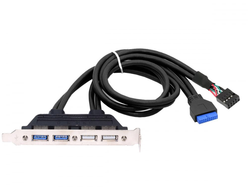 Internal USB 2.0 and USB 3.0 4-port female panel mount cable with PCI bracket and motherboard header connections
