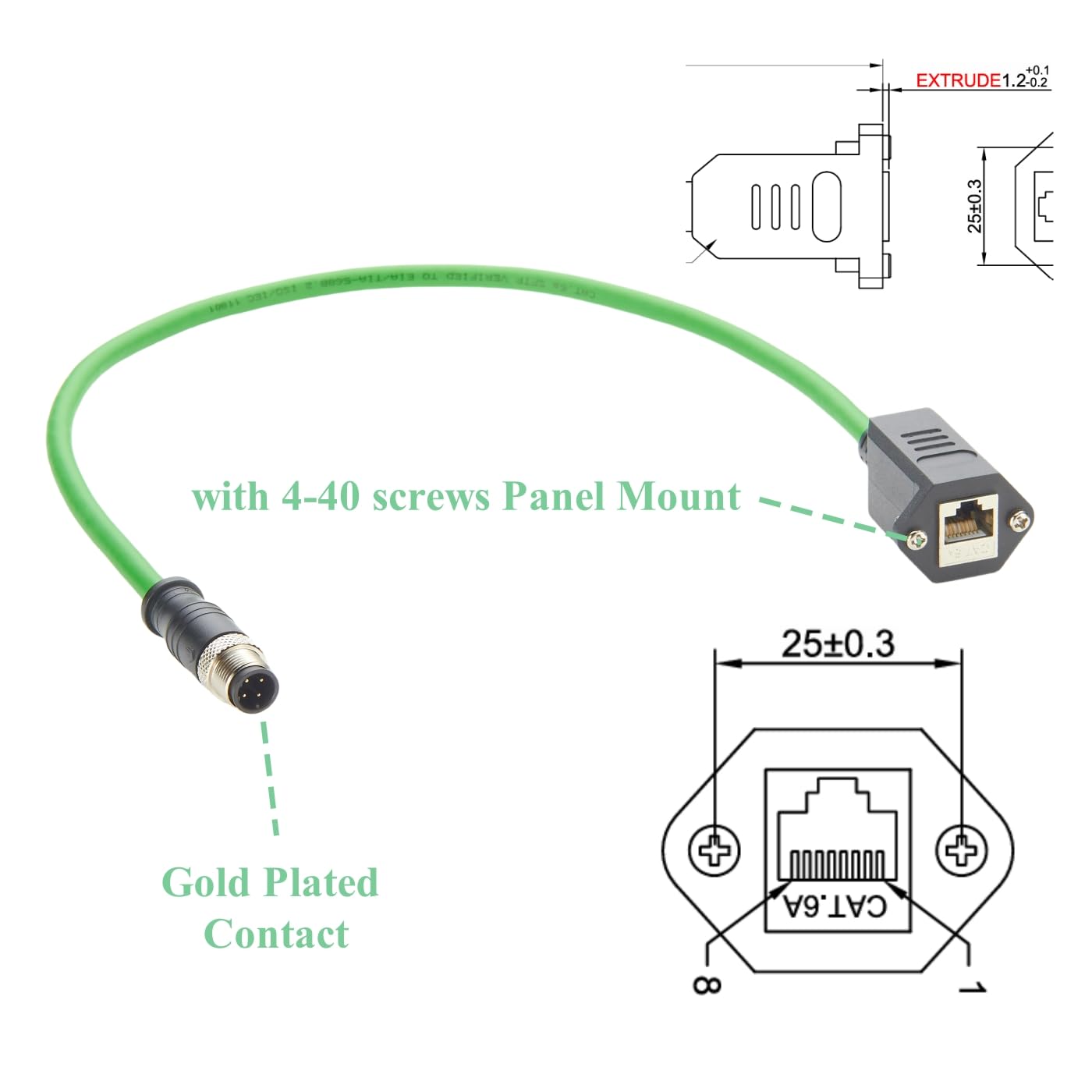 Profinet M12 4Pin D Code to RJ45 Female Industrial Cat6A Ethernet Extension Cable Screw Panel Mount IP67 Shielded Industrial Camera Cable