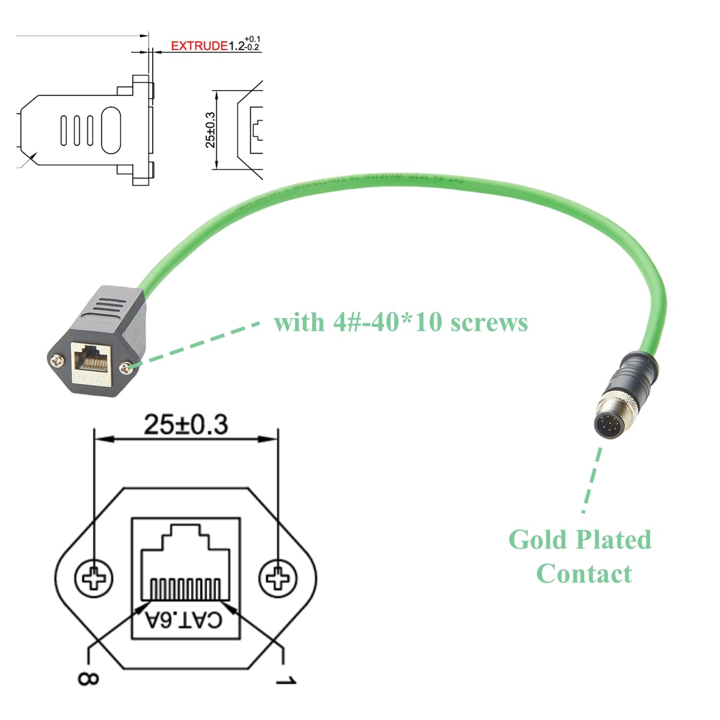 M12 8Pin A Code to RJ45 Female Industrial Cat6A Ethernet Extension Cable, with Screw Lock IP67 10Gbps Shielded GigE Vision Connector