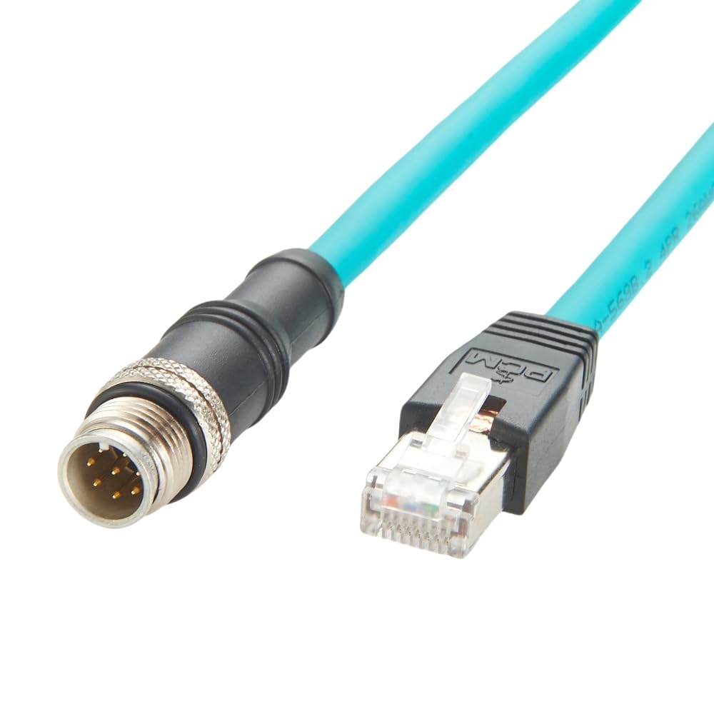 M12 8-pin A-coded male to RJ45 Cat6A shielded industrial Ethernet cable with high-flex turquoise jacket for GigE Vision networkin