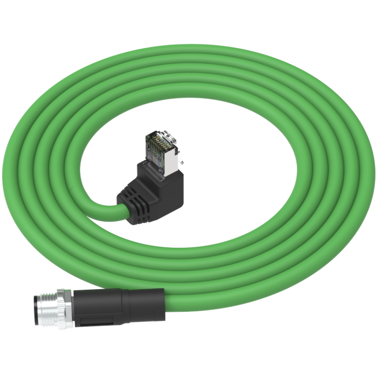 M12 D-coded male to RJ45 up-angle Ethernet cable PUR jacket