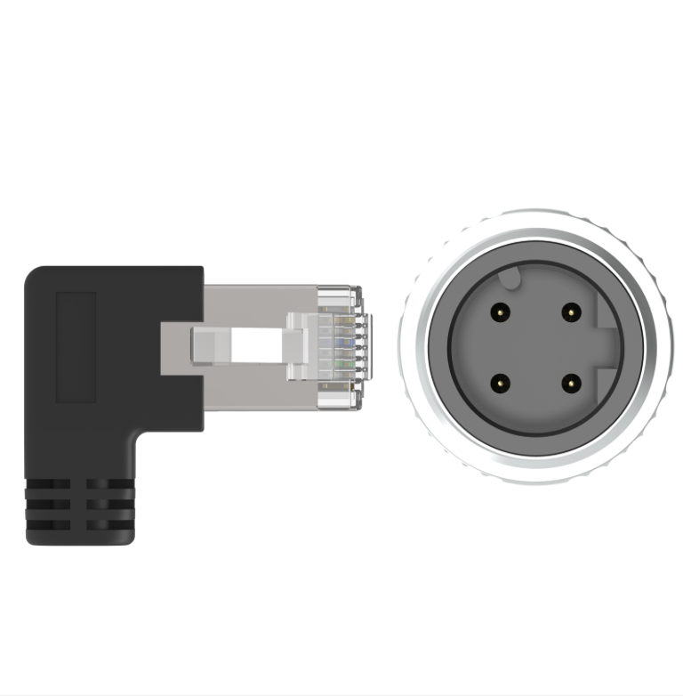 RJ45 connector and XLR female plug on a white background