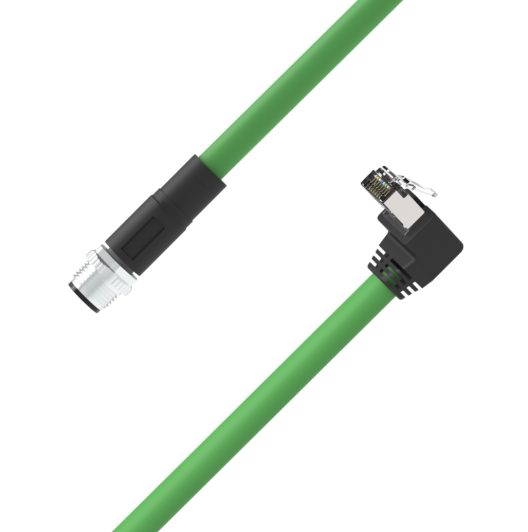 Green Ethernet cable with black connectors on a white background