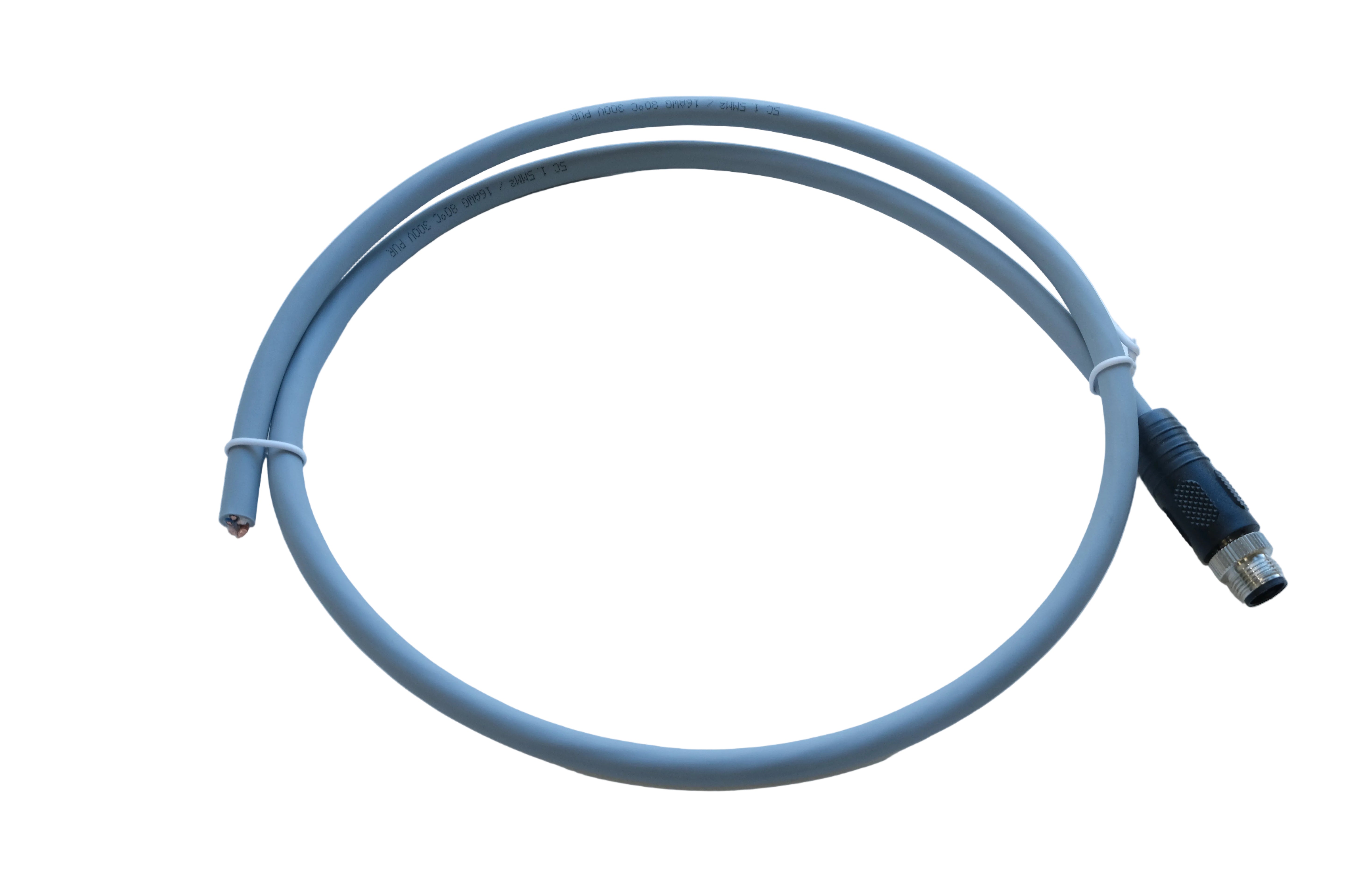 M12 4 pin male power cable assembly unshielded grey