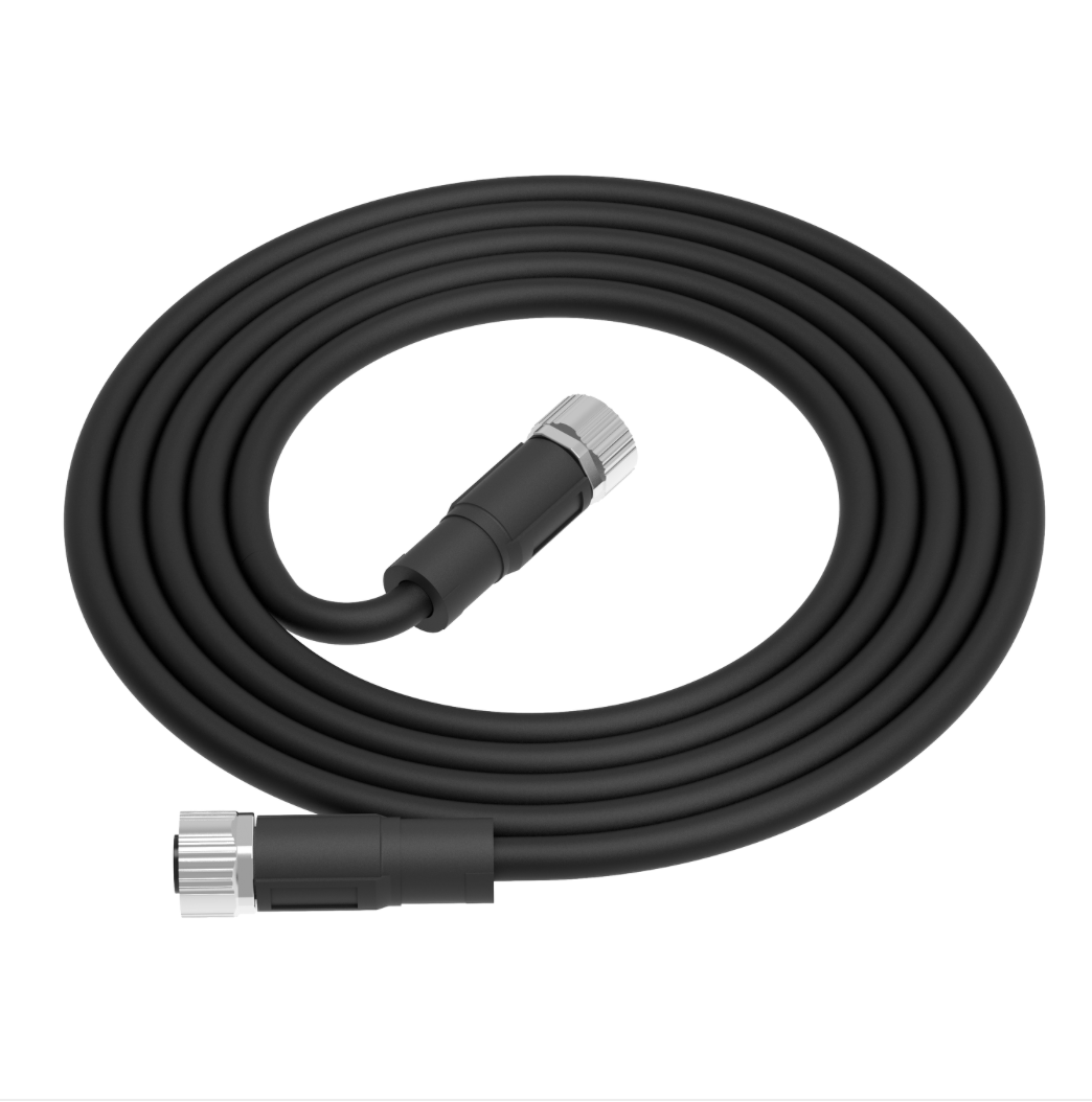 Coiled black cable with metal connectors on a white background