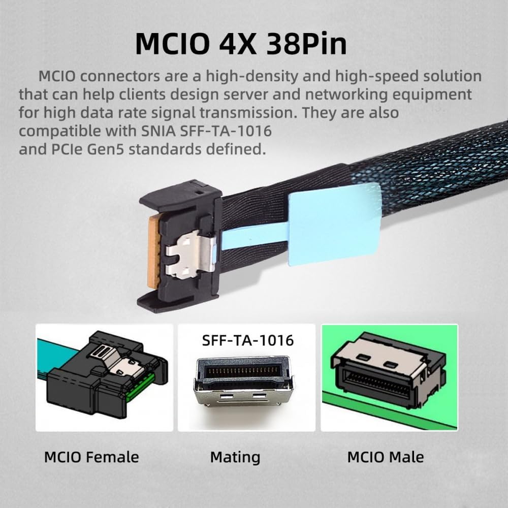 PCI-E 5.0 Mini Cool Edge IO MCIO PCI-E 4i 38Pin to MCIO 4i SFF-TA-1016 Extender Cable | Male to Male