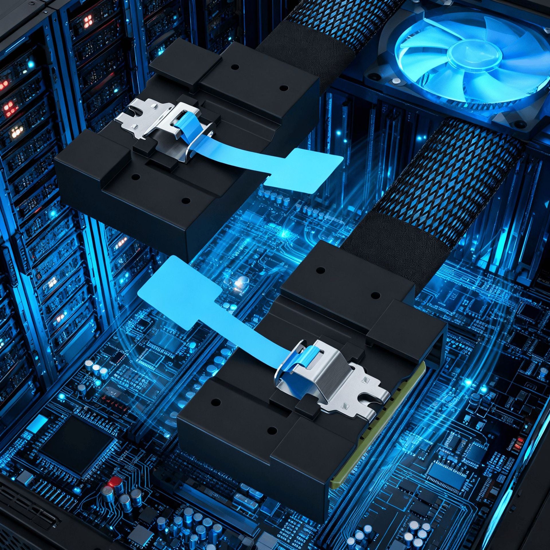 Close-up of a computer motherboard with blue lighting
