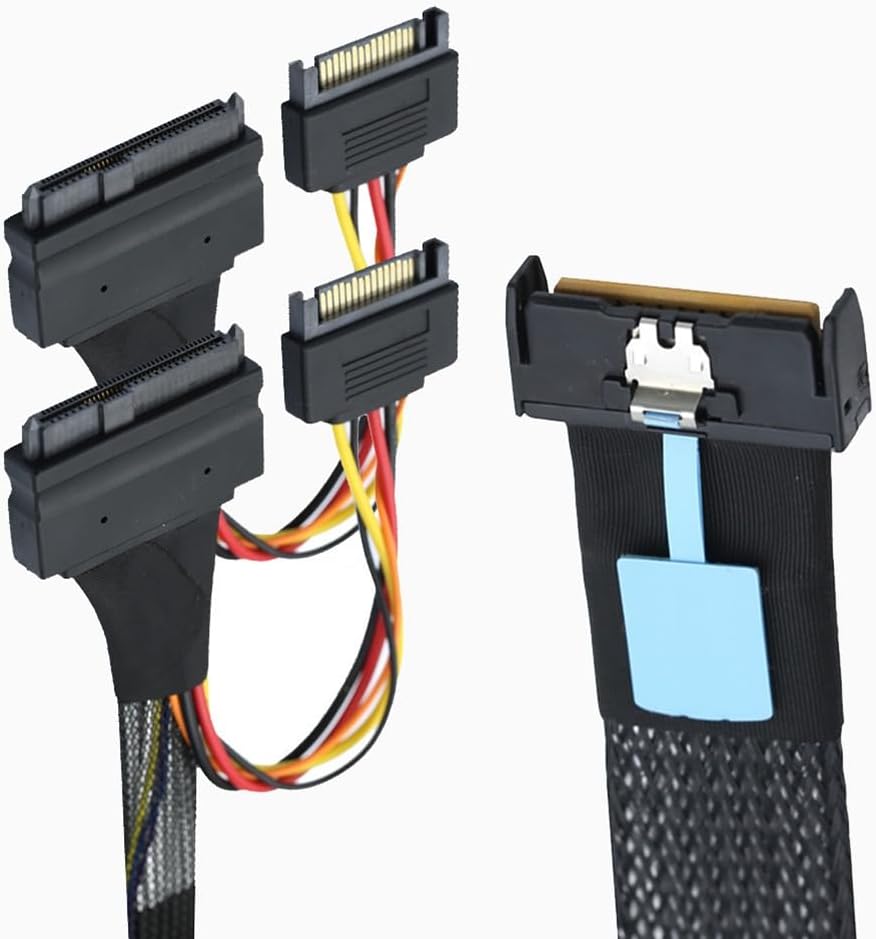 MCIO 8i 74-pin to dual U.2 SFF-8639 cable with SATA power